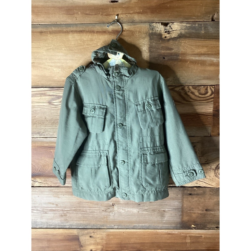 Gap Kids Olive Green Hooded Jacket Cargo Pockets Utility Style Full Zip Sz 4